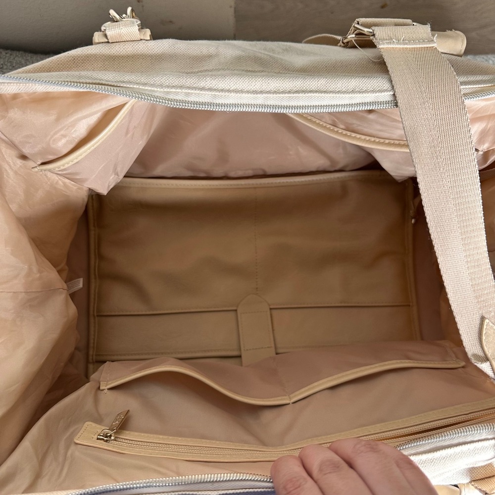 BEIS The Weekender Bag Beige Canvas Faux Leather Travel Tote Shoe Compartme - Picture 9 of 11